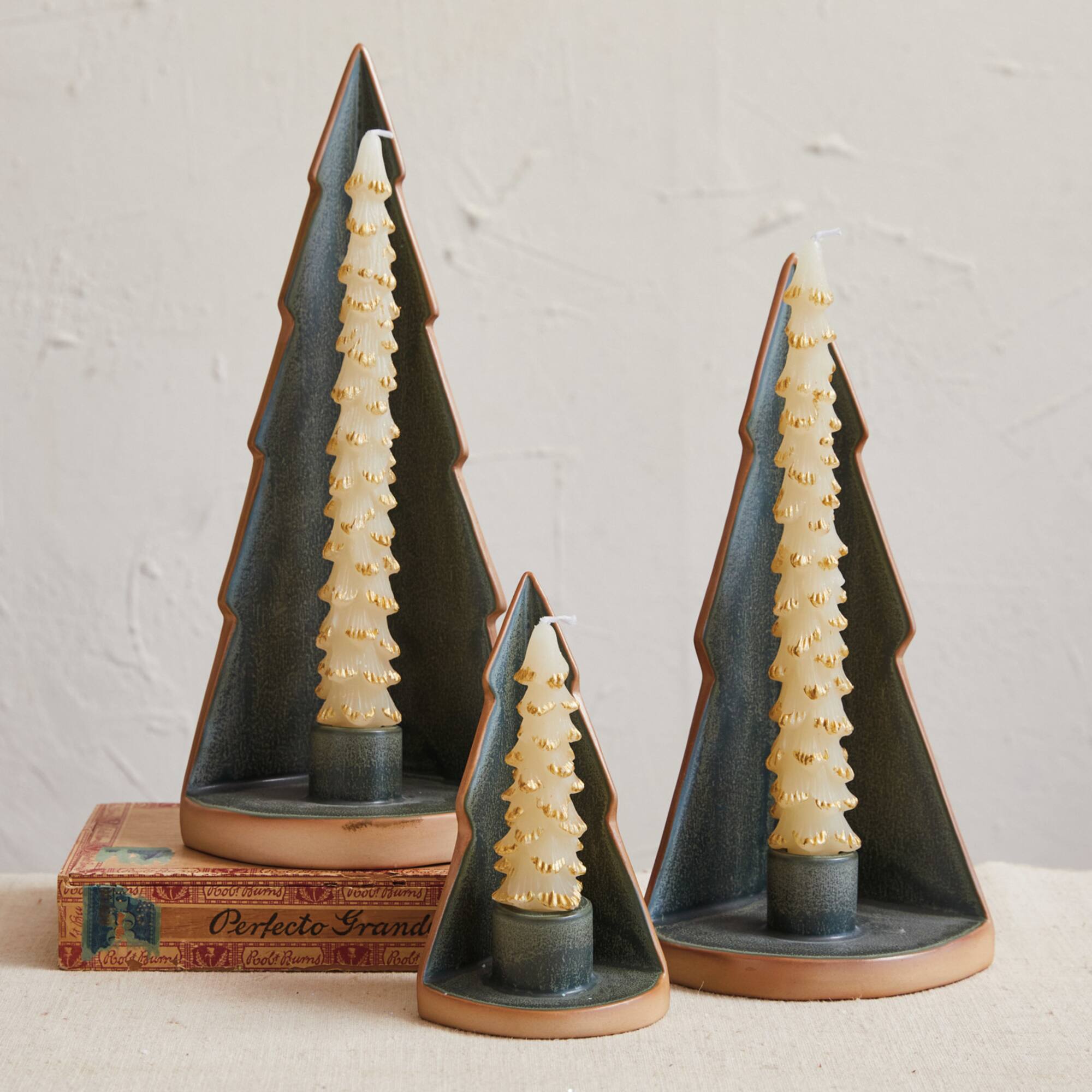 Hello Honey® 6.5" Green Compact Stoneware Tree Taper Candleholder with Reactive Glaze